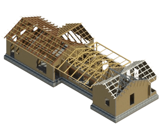 Modelo estructural de una vivienda alargada: entramado de techo en madera sobre muros de albañilería y sobrecimiento de hormigón.