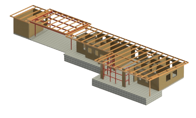 Modelo estructural de una vivienda en dos cuerpos: vigas y envigado de piso en madera sobre radier de hormigón.