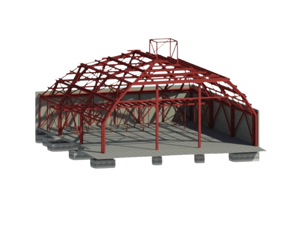 Vista isométrica del modelo estructural de un cuartel de bomberos: cerchas de techo curvas en acero rojo sobre dados de fundación.