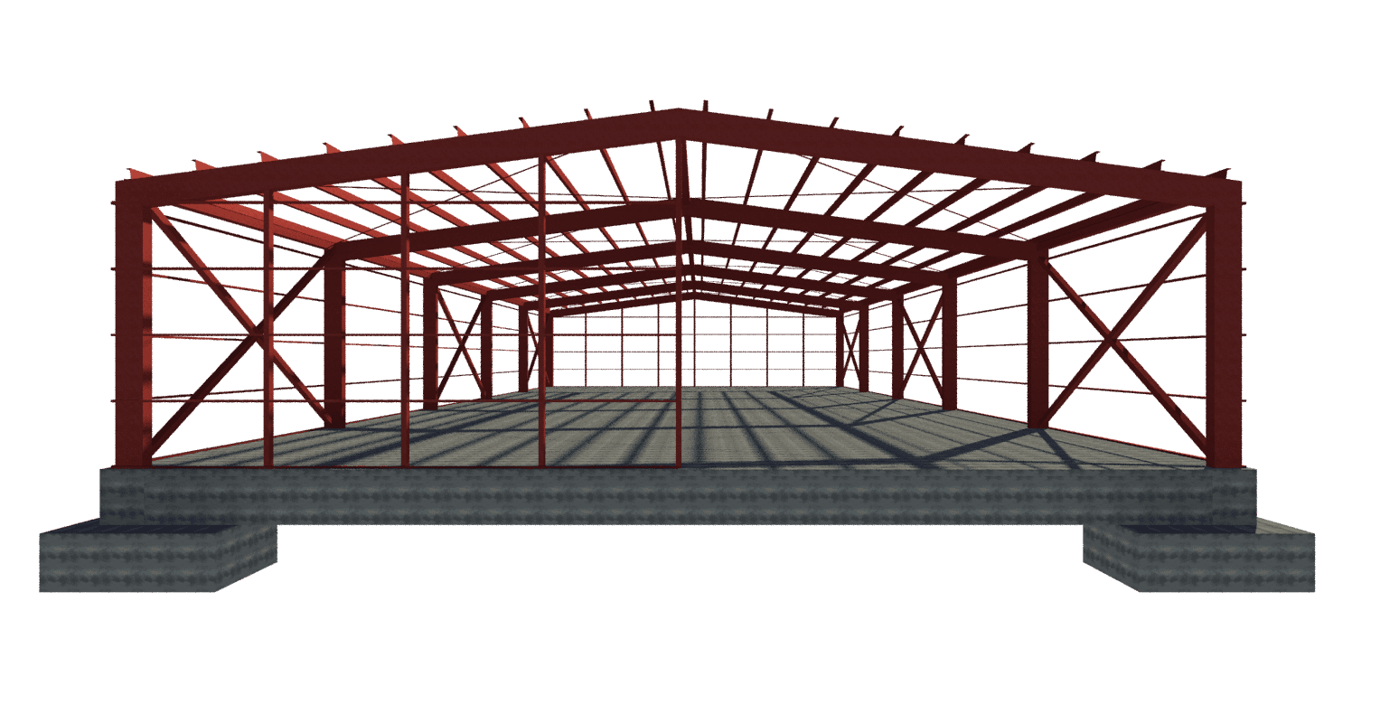 Modelo estructural de un galpón de acero visto de frente: pórticos rojos de dos aguas, arriostramientos en cruz y losa sobre fundaciones de hormigón.