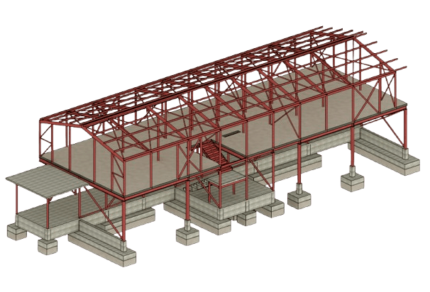 Modelo estructural de un edificio de oficinas de dos niveles: marcos de acero rojo, losas de hormigón y una escalera interior.